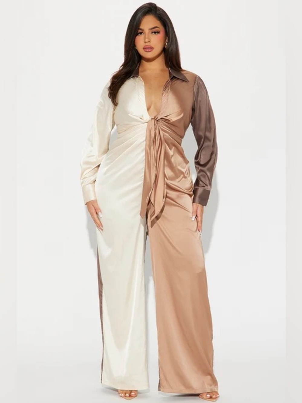 Fashion Nova Beauty In A Bottle Satin Jumpsuit Two-Tone Satin Tie-Front NWT 2X